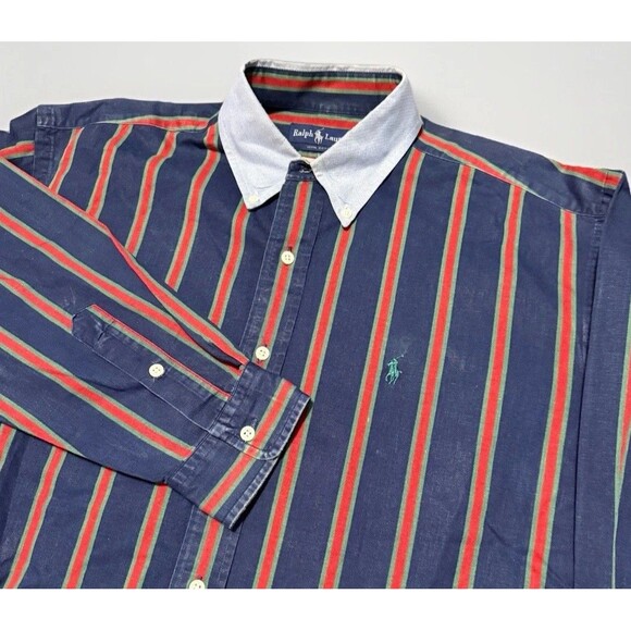 VTG Polo Ralph Lauren Shirt Mens Large Button Down Blue Green Stripe Barcode - Picture 1 of 10
